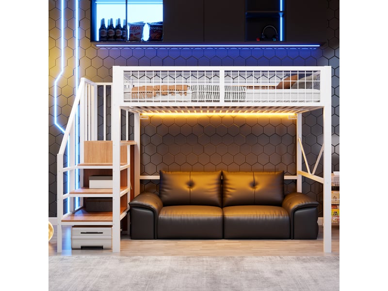 Lit mezzanine 140x200 cm en métal avec échelle de rangement, éclairage led, garde-corps sécurisé et espace bureau ou canapé sous le lit - blanc - Conforama D