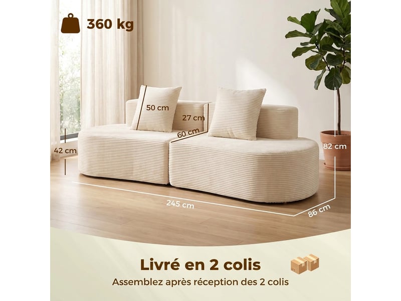  Canapé 3 places incurvé, velours côtelé 245cm, canapé salon, assise profonde, 2 coussins, compressé sans montage, crème  - Conforama C