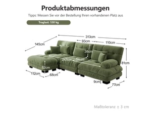 Canapé d’angle vert en chenille, canapé modulable en l 3 places à assise profonde avec ottomans mobiles pour salon
