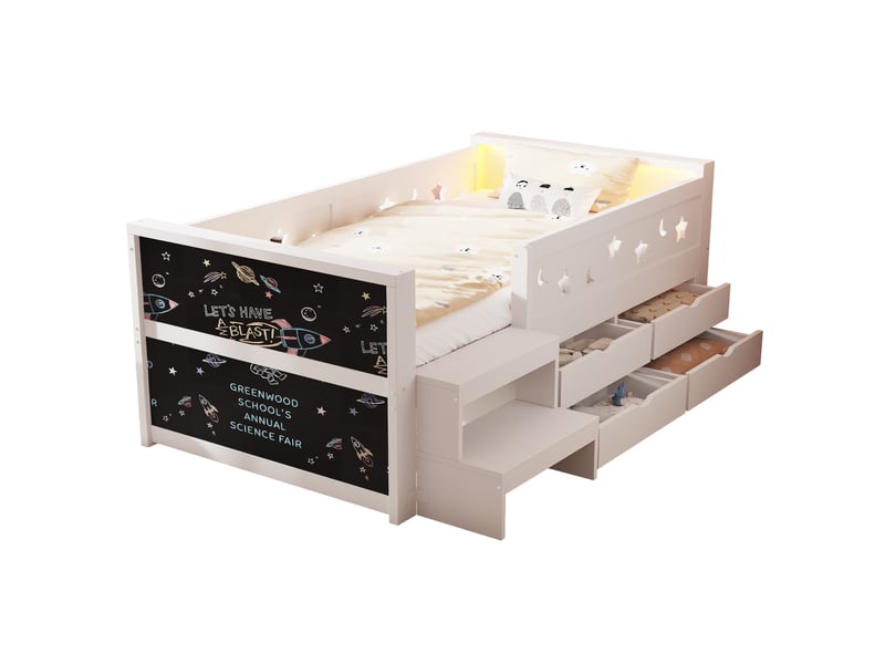  Lit simple enfant 90x200 cm - 4 tiroirs et rangement - tête de lit led - tableau noir, marchepied et barrières - blanc  - Conforama A