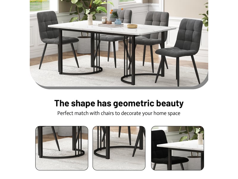  Table à manger rectangulaire 140x80x75cm, table avec motif de marbre, plateau en mdf, pieds en métal, blanc+noir  - Conforama C