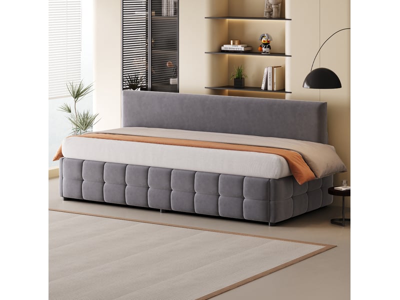  Lit coffre 1 place 90x200 cm en velours gris foncé avec dossier  - Conforama D