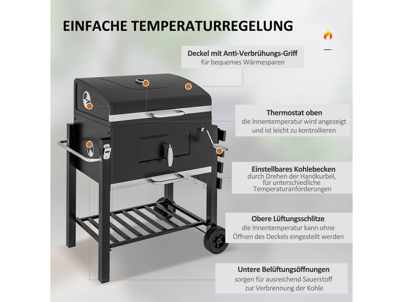  Barbecue à charbon avec fumoir et thermomètre, 2 grilles, 55 x 41,6 cm  - Conforama W