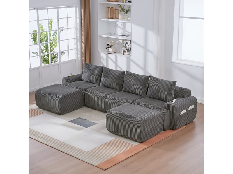 Canapé d'angle modulable 4 places en velours côtelé gris foncé, 2 poufs, porte-gobelet et poche latérale - Conforama E