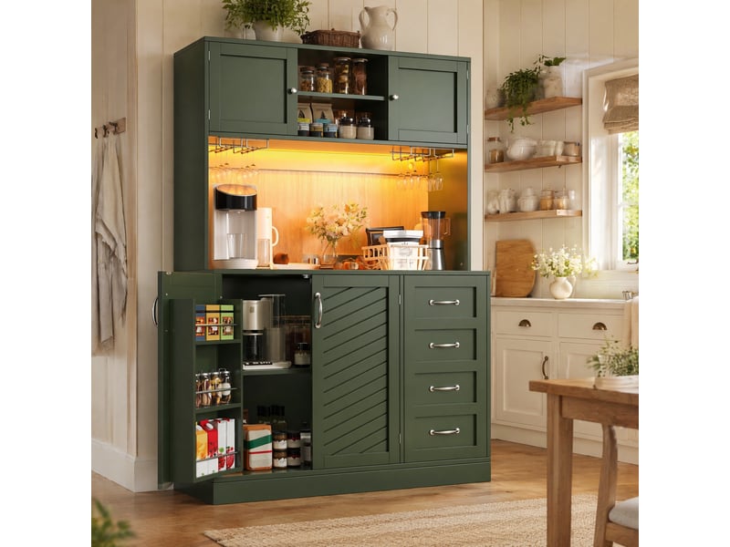 Buffet de cuisine led avec 4 portes, 2 grands tiroirs et porte-boissons, pour séjour, en mdf vert, 120 × 40 × 188 cm - Conforama C