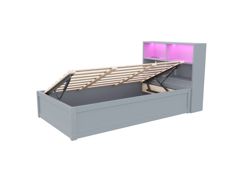  Lit banquette hydraulique avec rangements, bois massif gris, 90x200 cm, led et prise intégrée  - Conforama D