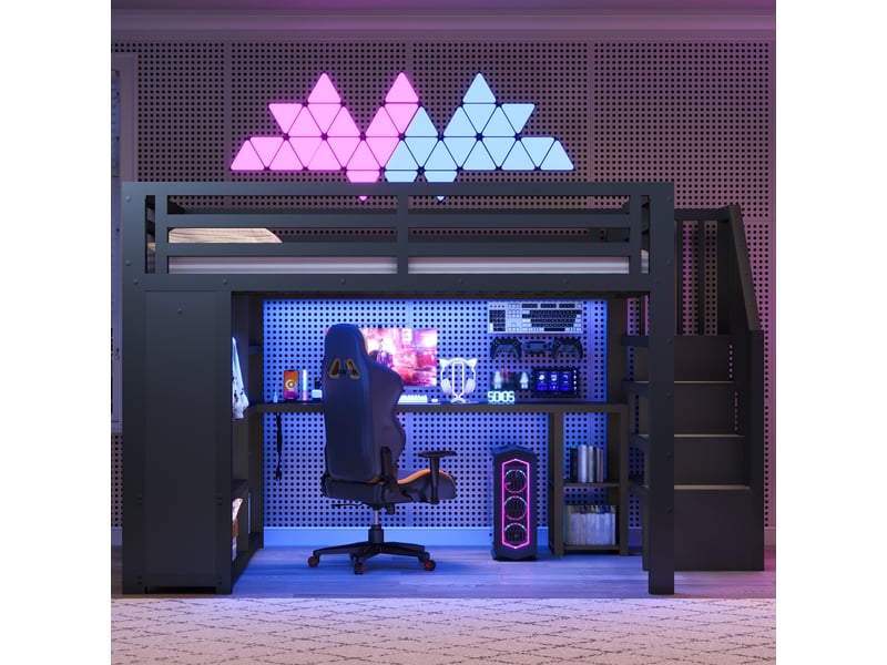  Lit mezzanine gaming en métal 160x200 cm, lit double led usb avec bureau, penderie ouverte, escalier rangement, noir  - Conforama D