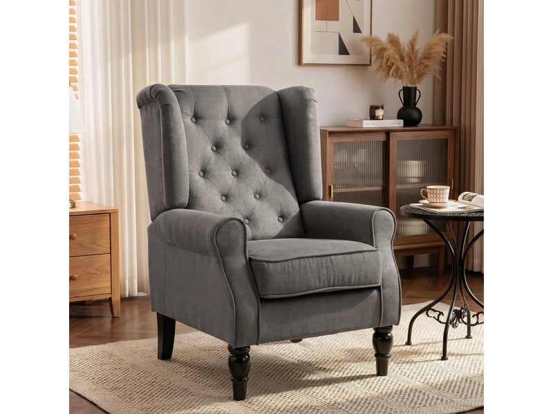  Fauteuil de salon, fauteuil d'appoint mi-siècle moderne en velours avec dossier haut capitonné à oreilles, gris  - Conforama A