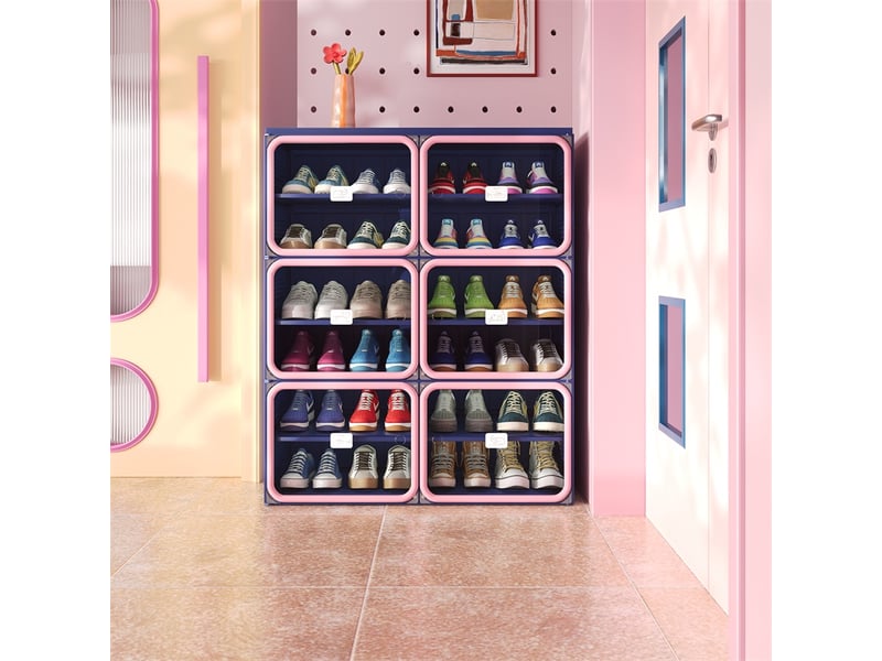  Meuble à chaussures 85x33.5x104.3cm - étagère pliable 2 colonnes 6 niveaux - meuble de rangement en plastique - bleu et rose  - Conforama C