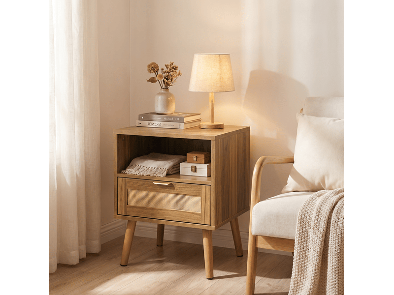  Table de chevet en mdf et rotin, 1 tiroir et niche ouverte, 45 x 40 x 55 cm, noyer  - Conforama D