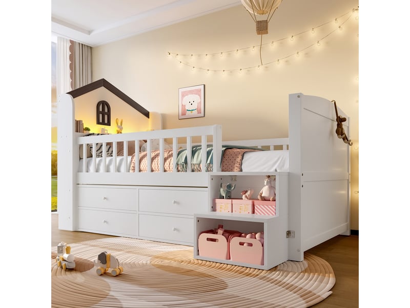 Lit mi-haut, 90 x 200 cm, 4 tiroirs, bande led, escalier de rangement, sans matelas, blanc - Conforama D