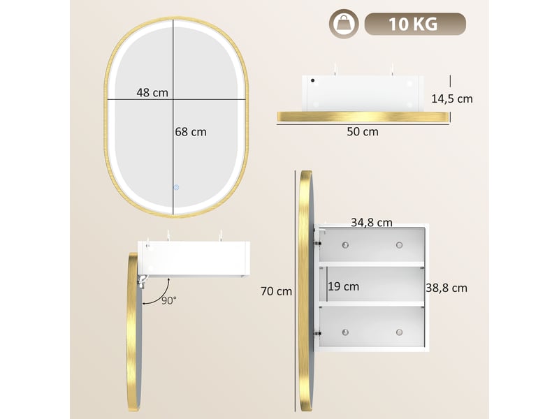  Armoire de salle de bain avec miroir led ovale antibuée 50 x 70 cm dorée (83 caractères)  - Conforama E