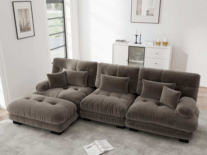 Canapé modulable d’angle avec ottomane en tissu marron  - Conforama B