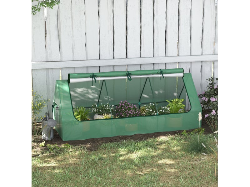  Mini serre de jardin en acier vert avec bâche pe anti-uv, toit enroulable et fenêtres en maille, 240 x 90 x 90 cm  - Conforama B