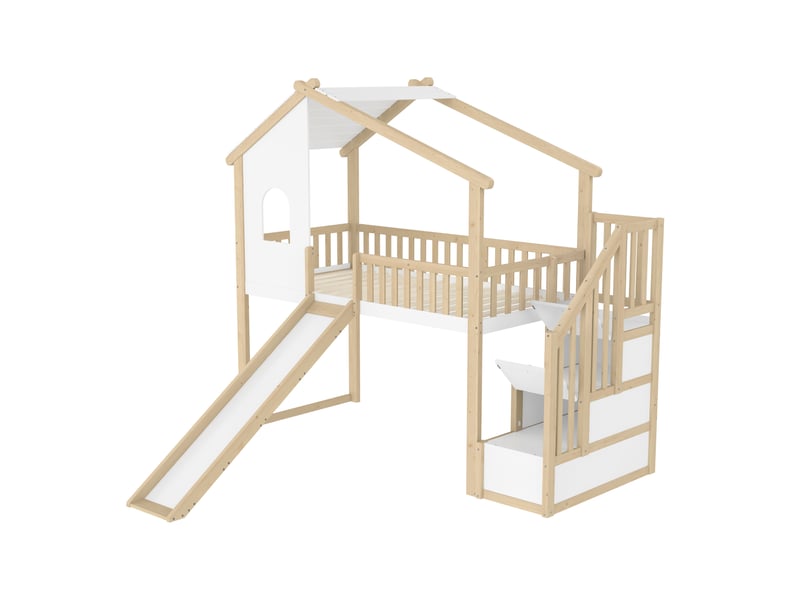  Lit mezzanine 90x200cm avec toboggan, échelle rangement, fenêtre, barrière, sans matelas, naturel et blanc  - Conforama A