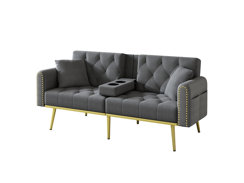  Canapé convertible 2 places 175x80x73,5 cm avec fonction lit, dossier réglable 3 positions, porte-gobelet, coussins, velours et pieds métal doré - gris  - Conforama A