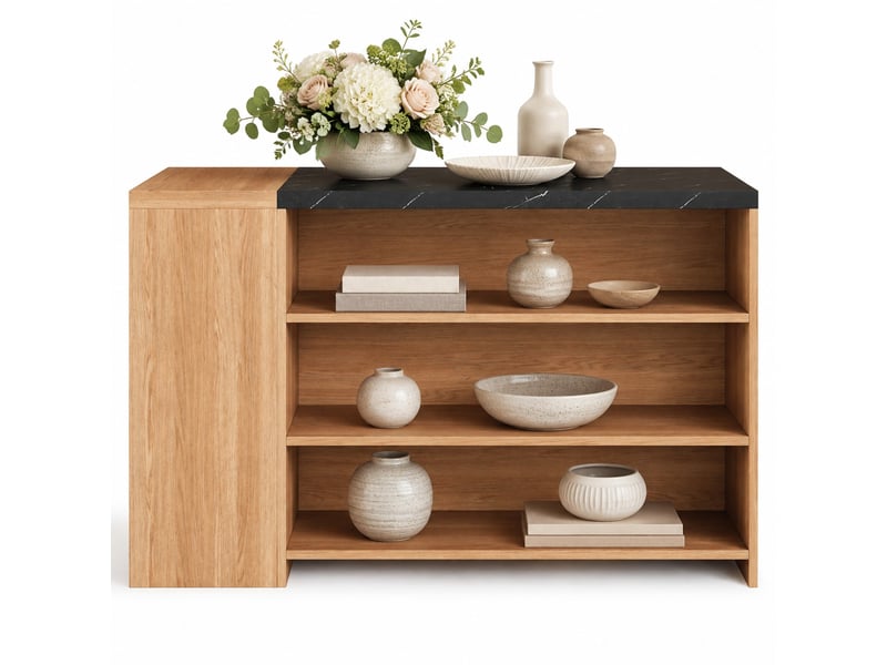  Îlot de cuisine 140x60x90 cm noir effet marbre et chêne naturel avec rangement  - Conforama A