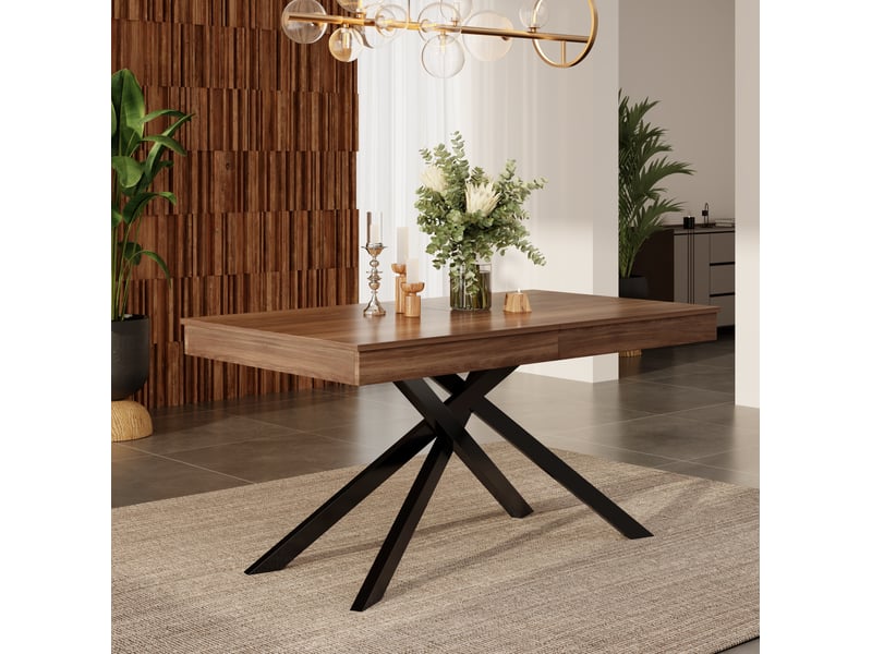  Table de salle à manger extensible pour 6 à 8 personnes avec plateau en mdf et pieds croisés en métal, coloris noyer  - Conforama B