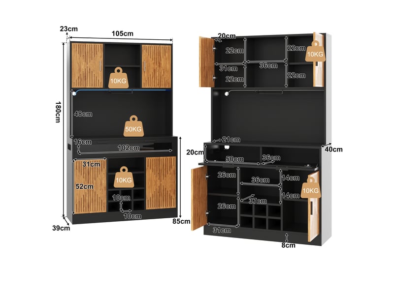 Buffet haut de cuisine 105x40x180 cm avec led rgb, 2 prises, 2 usb, porte en verre rabattable, porte-verres, casier à vin amovible, effet bois naturel - Conforama D