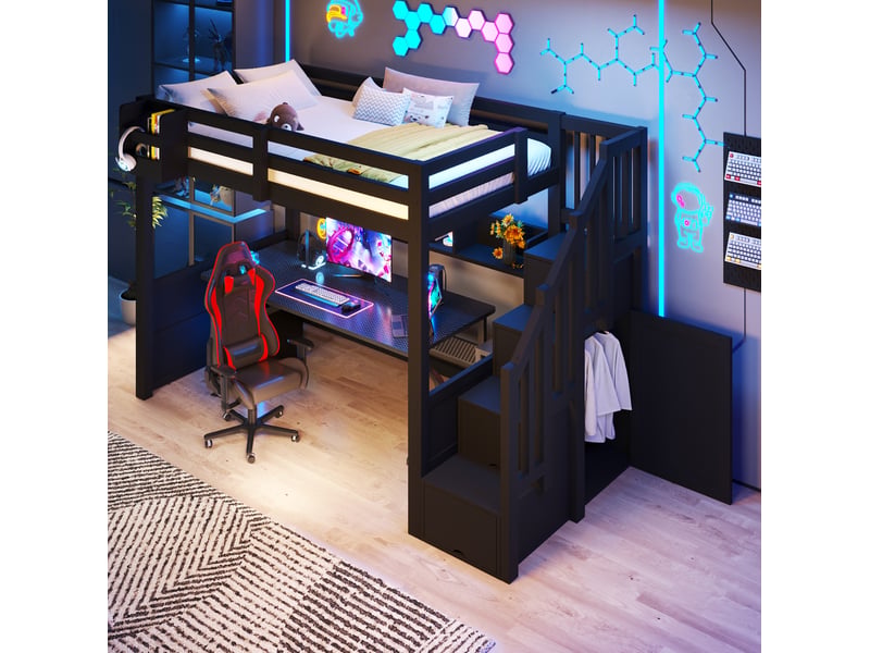  Lit mezzanine 90x200, noir, bois et mdf, doté de led, escalier avec armoire et rangements, sans matelas  - Conforama E