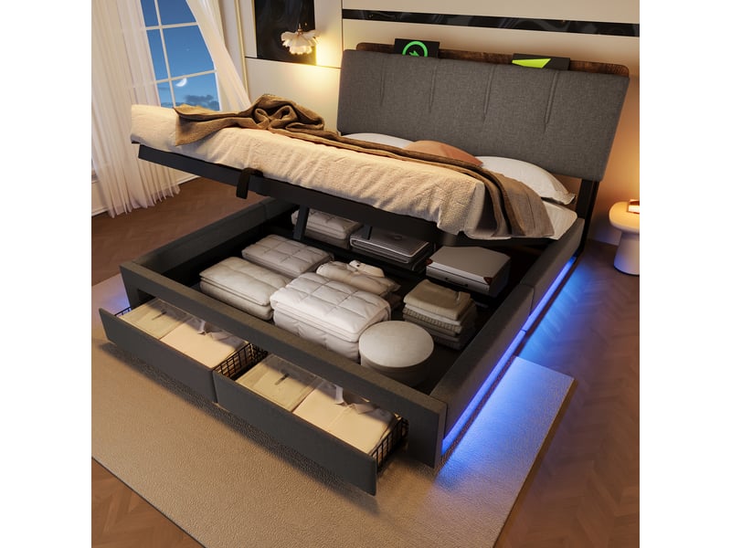 Lit coffre 140x200 cm, lit double, rangement hydraulique, led, usb et usb-c, lin gris  - Conforama C