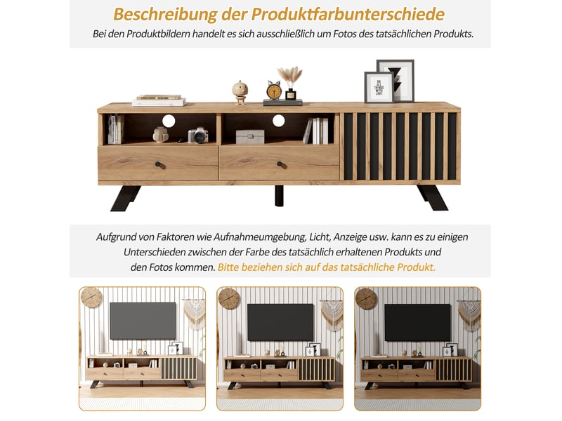 Meuble tv 150x38x44 cm, 2 tiroirs et 1 placard, téléviseur jusqu'à 60 pouces, panneau particules, bois naturel et noir  - Conforama E