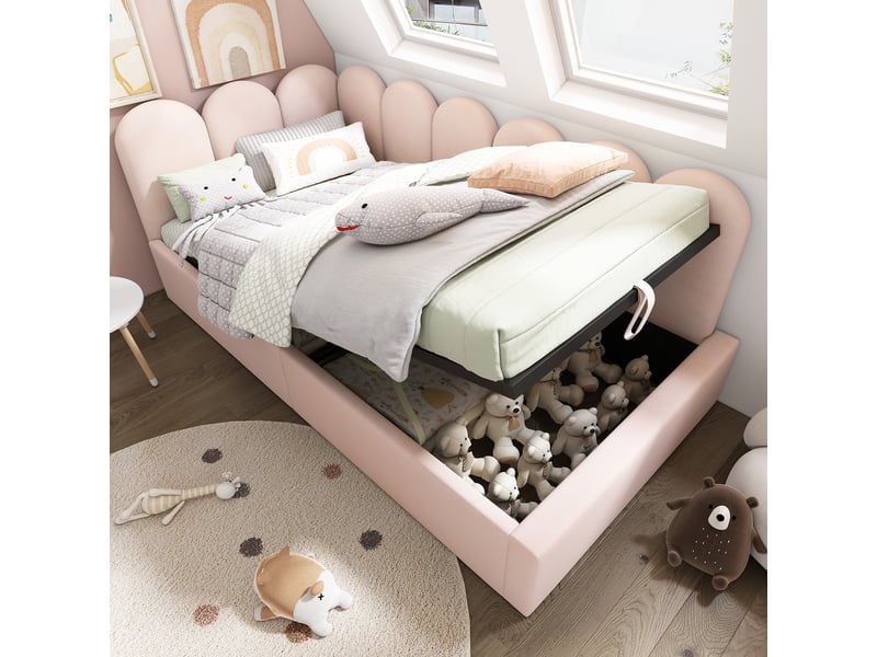  Lit banquette 90 places avec rangement hydraulique et côtés réversibles, sommier métallique, velours rose, 90x200 cm  - Conforama C