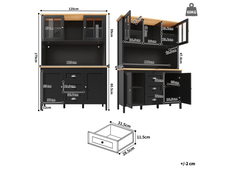  Buffet haut led intégré pour cuisine – 4 portes 3 tiroirs, blancnoir, 120×40×179 cm, rangement élégant et moderne  - Conforama C