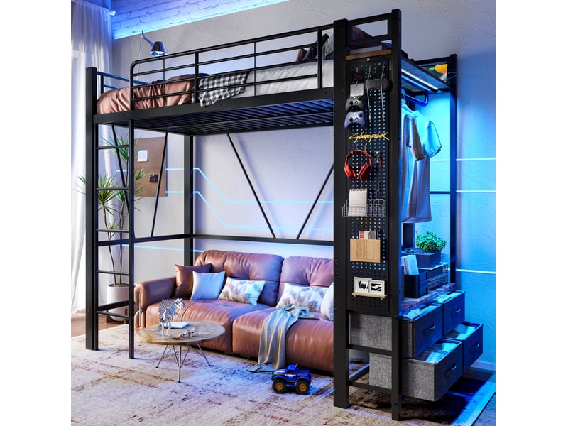  Lit mezzanine 90 x 200 cm 4 tiroirs tablettes barre porte-vêtements prises usb type-c led métal mdf noir sans matelas  - Conforama R