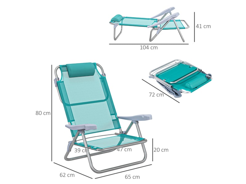  Lot de 2 chaises de camping pliantes et inclinables à 6 positions, en aluminium et mousse, 62 x 65 x 80 cm, gris et bleu  - Conforama D