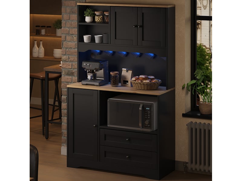  Buffet de cuisine 100x40x163 cm – noir – led réglable, prises et usb, espace micro-ondes et 2 tiroirs  - Conforama B