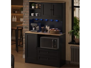 Buffet de cuisine 100x40x163 cm – noir – led réglable, prises et usb, espace micro-ondes et 2 tiroirs