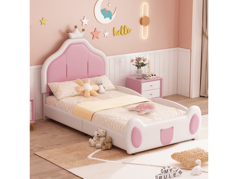  Lit enfant rembourré 90 x 200 cm avec tête de lit couronne, design bicolore, similicuir blanc Fay Lum - Conforama E