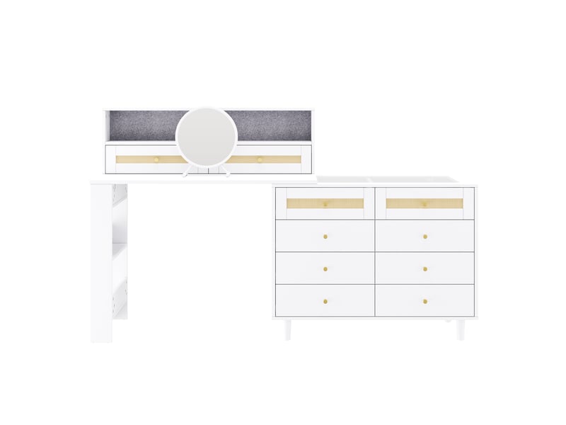  Coiffeuse avec miroir 105x50x108 cm, table de maquillage d'angle et meuble de rangement, rotin tressé, avec 10 tiroirs et plateau en verre, blanc  - Conforama A