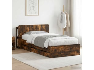 Lit adulte, lit simple, cadre de lit avec rangement et tête de lit chêne fumé cf1645
