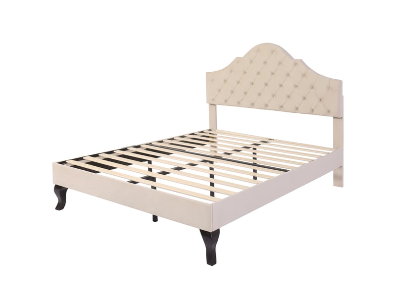  Lit capitonné 140x190 cm velours beige avec tête réglable et lattes  - Conforama D