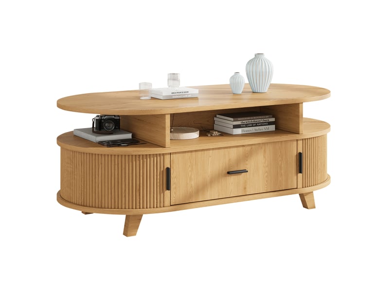  Table basse ovale 100x50x40 cm, 1 tiroir, 2 portes à rideau, rangements ouverts, style nordique, mdf, naturel  - Conforama A