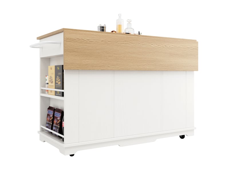  Îlot de cuisine blanc et bois avec plan de travail rabattable, desserte à roulettes avec portes en verre trempé, 151,5 cm  - Conforama W