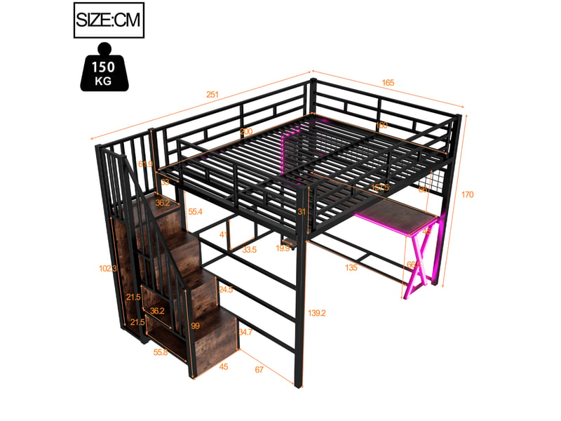  Lit mezzanine modenvie 160 x 200 cm avec bureau, armoire, étagères et échelle de rangement, éclairage led, métal et mdf, noir, sans matelas  - Conforama C
