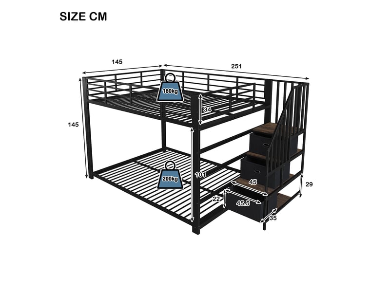  Lit superposé adulte 140x200 cm avec escalier réversible et rangement, métal noir et mdf, bande led et ports usb  - Conforama C