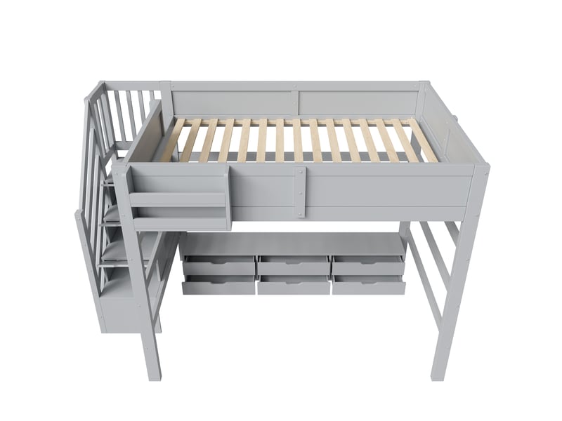  Lit mezzanine 140 x 200 cm avec 6 tiroirs de rangement, escalier à compartiments et garde-corps de sécurité, pin et mdf - gris OMNIGLINT TRADING LTD - Conforama E