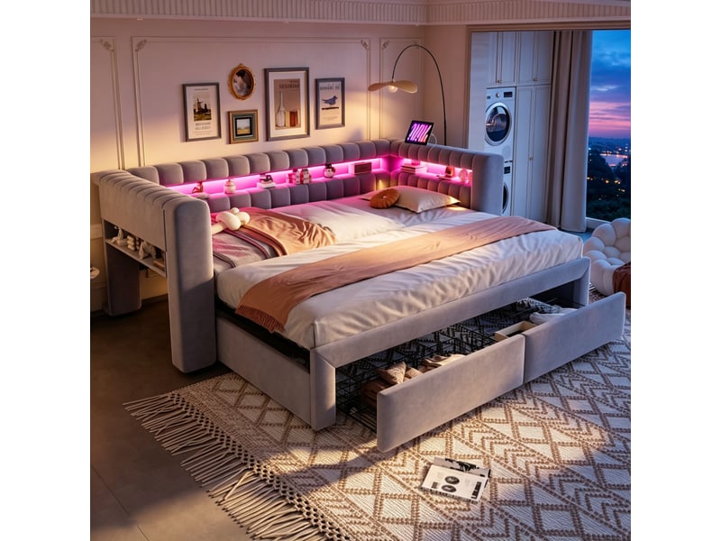 Lit gigogne 90x190 cm avec tiroirs et éclairage led en velours gris clair  - Conforama C