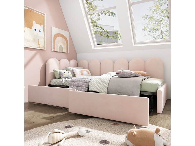  Lit banquette 190×90 cm avec 2 tiroirs de rangement et côtés interchangeables, sans matelas, en velours rose  - Conforama C