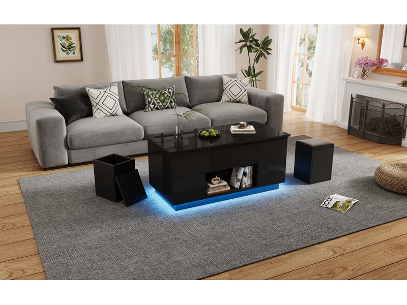  Table basse relevable 4en1 100x50x45-59 cm rangement led 2 tiroirs 2tabourets laqué panneau particules noir  - Conforama B
