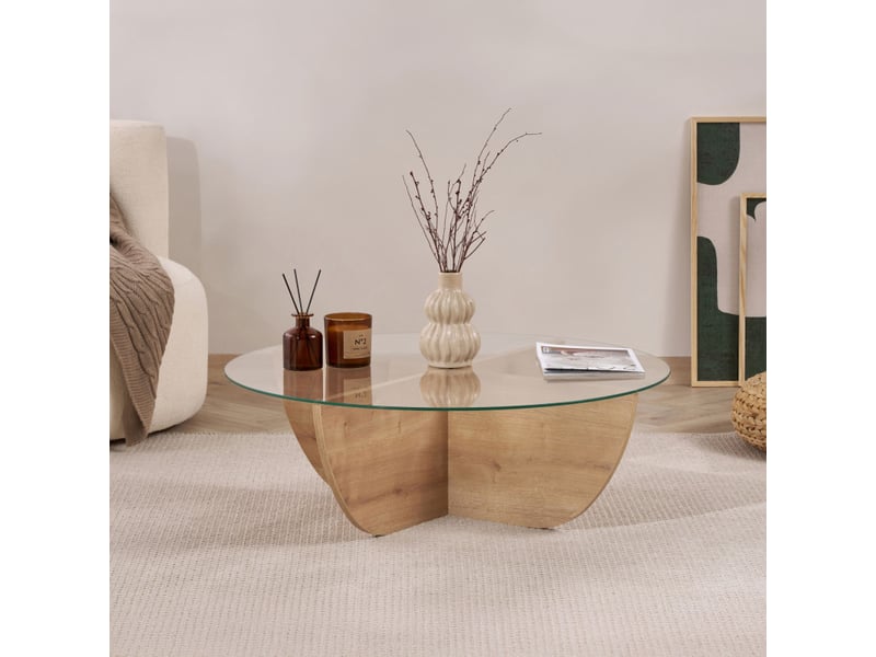  Table basse de salon en verre trempé et bois mdf mélaminé chêne saphir 90 x 90 x 30 cm  - Conforama B