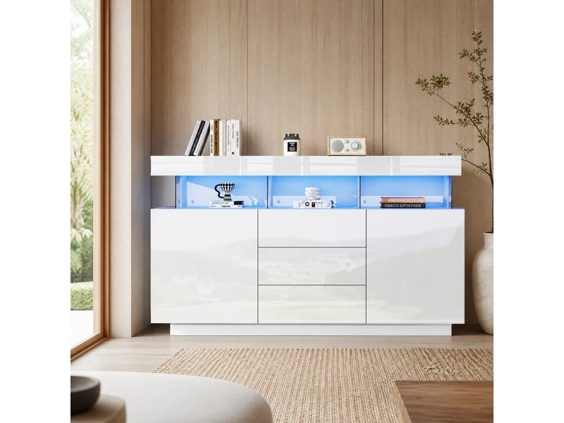 Buffet 2 portes, 3 tiroirs et led pour salle à manger 140×35×80 cm en panneaux de particules blanc - Conforama B