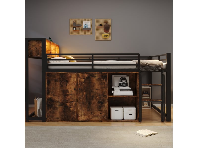  Lit mezzanine 120x200 cm avec rangement, led et prise, métal noir + décor bois, sans matelas  - Conforama B