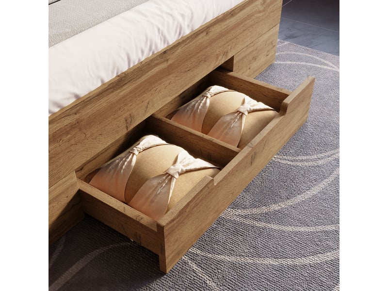  Lit coffre, lit double 160x200 cm, tiroirs intégrés, led, usbusb-c, sommier à lattes, bois massif chêne, matelas inclus  - Conforama W