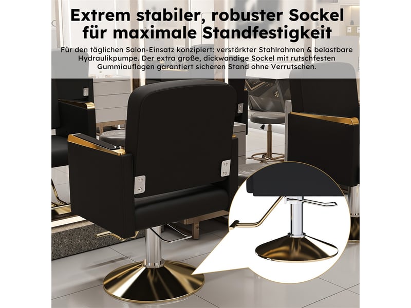  Fauteuil de coiffure hydraulique 62 x 50 x 84-94 cm – réglable à 360° avec base dorée et accoudoirs – cuir - noir et or  - Conforama E