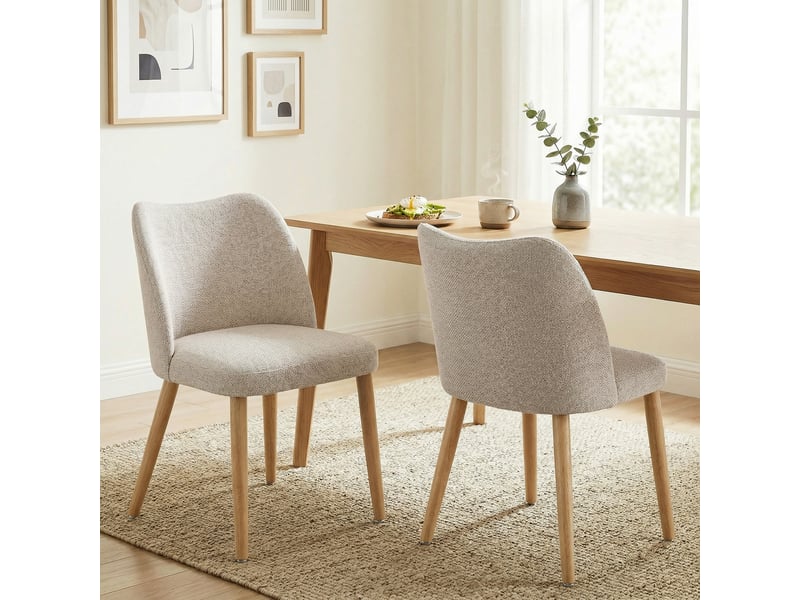  Set de 2 chaises de salle à manger en tissu effet lin et bois de caoutchouc assise rembourrée dossier courbé couleur crème  - Conforama B
